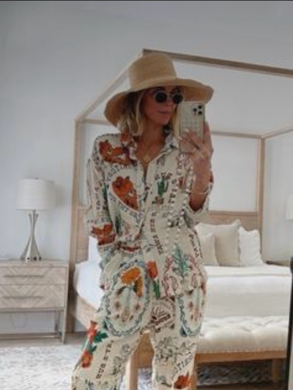 Agua Bendita Cream Shirt with Orange and Teal Print